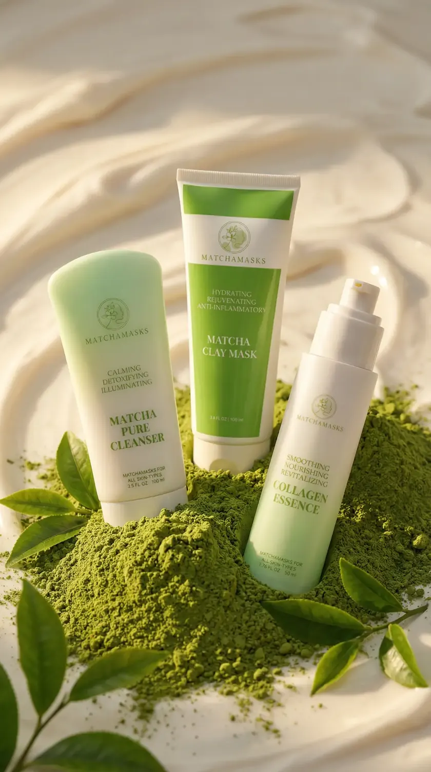 Matcha Pure Cleanser, Matcha Clay Mask and Collagen Essence on matcha powder